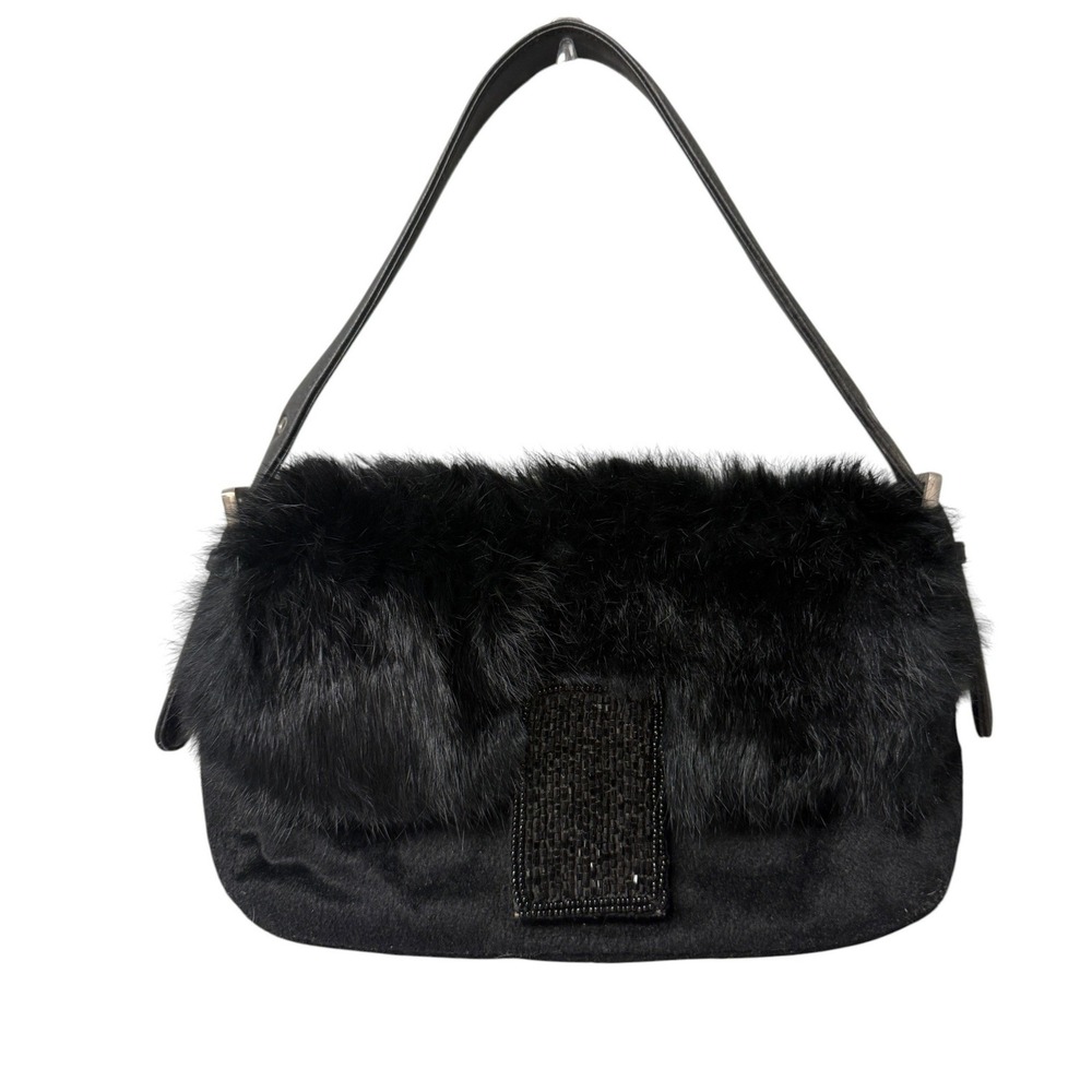 Bebe Shoulder Bag Women OS Black Y2K Faux Fur Beaded Flap Velvet Glam Handbag